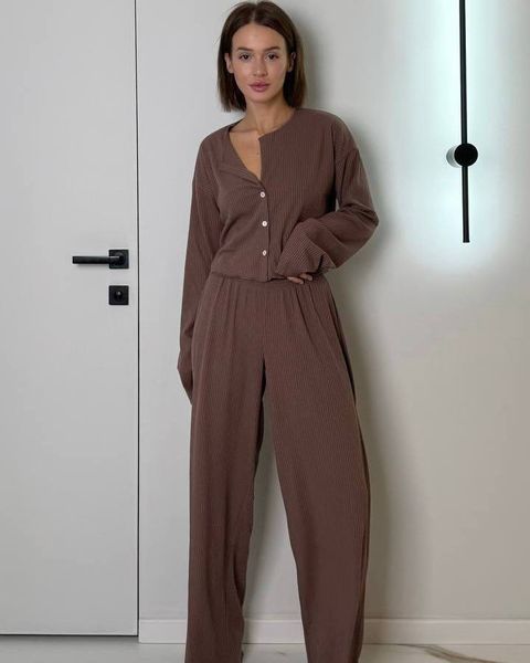 Пижама женская трикотаж (рубчик) QC Sandra кофта + штаны коричневая 20864l фото