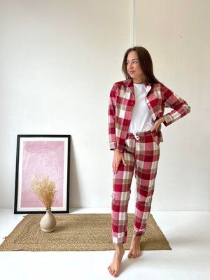 Домашня піжама жіноча компклект 3-ка COSY у клітинку червоно/біла (сорочка+штани+футболка) F61P+f01ws фото