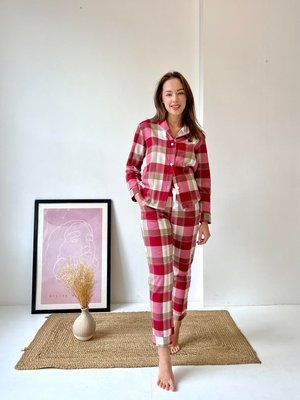 Тепла жіноча піжама фланель COSY у клітинку червоно/біла (сорочка+штани) F61P фото