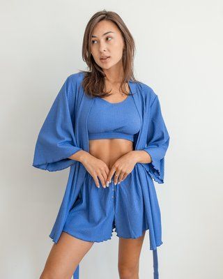 Пижамный костюм тройка из рубчика Dana (халат+топ+шорты) Джинсовый 20688 фото