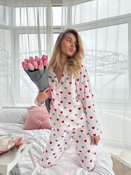 Жіноча піжама фланель COSY червоні серця на білому (сорочка+штани) F43P фото
