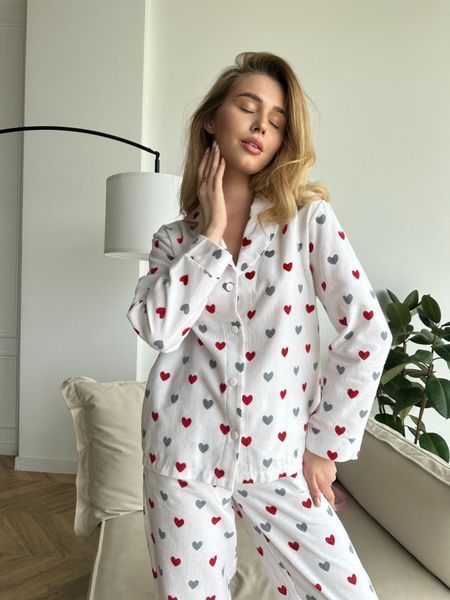 Жіноча піжама фланель COSY червоні серця на білому (сорочка+штани) F43P фото